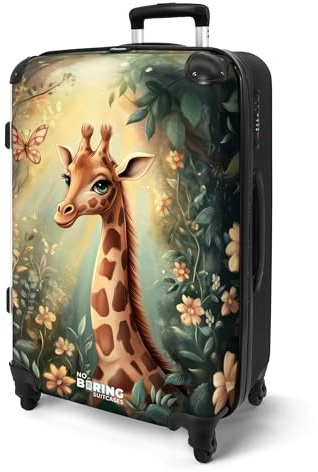 NoBoringSuitcases© Koffer Kinder Groß Reisekoffer Kinderkoffer mit 4 Rollen | 67x43x25 cm - Leicht Trolley Große M Hartschalenkoffer Flugzeug Giraffe - Blumen - Dschungel