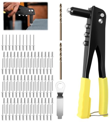 Rivet Gun Set, Pop Rivet Gun Kit, Heavy Duty Hand Riveter with 4 Nosepieces 2.4/3.2/4.0/4.8mm, with 100 Rivets & 2 Twist Drill Bits for Metal Plastic Repair Furniture DIY Construction