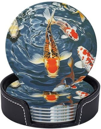 Set di 6 sottobicchieri in pelle con supporto, sottobicchieri giapponesi fantasia koi carpa pesce sottobicchiere per bevande antiscivolo tazze pad impermeabile divertente sottobicchiere tazza da caffè