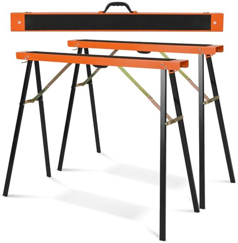 HOMFME 2PCS Folding Saw Horses Twin Pack, Heavy Duty Metal Workbench Stands with Non-Slip Top, Carrying Handle, Hinge Brace, Portable Pair Sawhorse Trestle Stands, Max Load 375kg (Black + Orange)