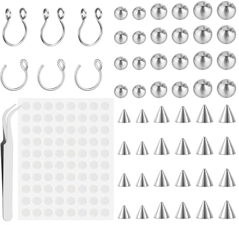 Yolev 54pcs Fake Piercing Fake Eyebrow Piercing Lip Labret Nose Studs 3mm 4mm 5mm Steel Color Piercings Balls For Lip And Eyebrow Non-Piercing With Sticker Tweezers Easy To Wear And Remove