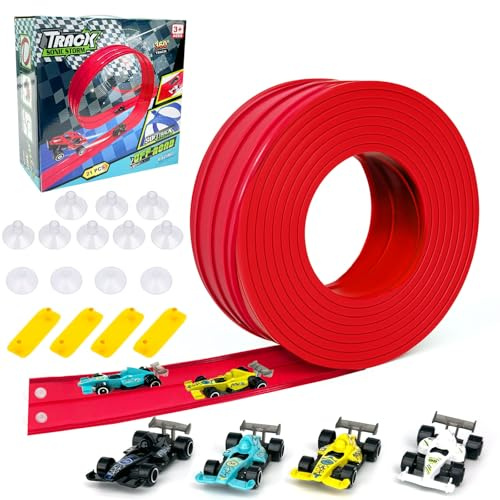 Speed Car Track(4 M) Leksak för Racing, Klassisk Lång Upprullningsbana för Slingor, Hopp, Ramper, med 4 Bilar och 12 Sugproppar, för Familj, Barn, Pojkar, Flickor(Röd)