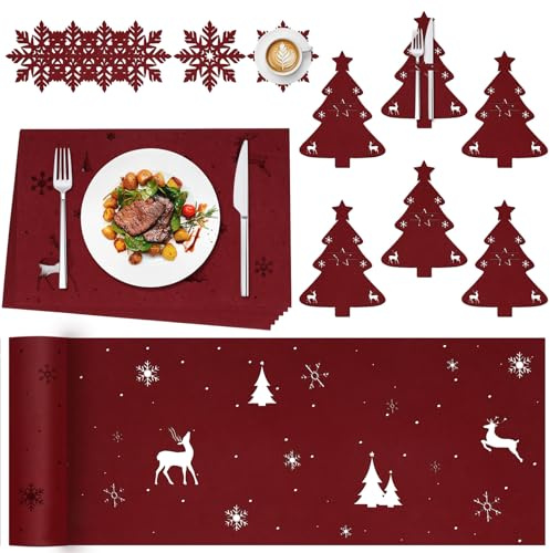 Forbabe 19 Stück Weihnachts Tischdeko Set, Tischset Weihnachten Filz für 6 Gäste Tischdeko Weihnachten Rot mit Weihnachtsläufer Untersetzer und Bestecktaschen für Weihnachtsfeier Heimtisch Abendessen