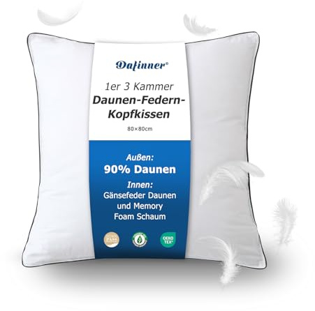 Dafinner 1er 3-Kammer-Daunenkissen 80×80 cm┃ 90% Daunen Außenkammer | Feder-Mischung Innenkammer ┃Oeko-TEX ┃Downpass ┃ Mittlere Unterstützung│Bio-Baumwoll