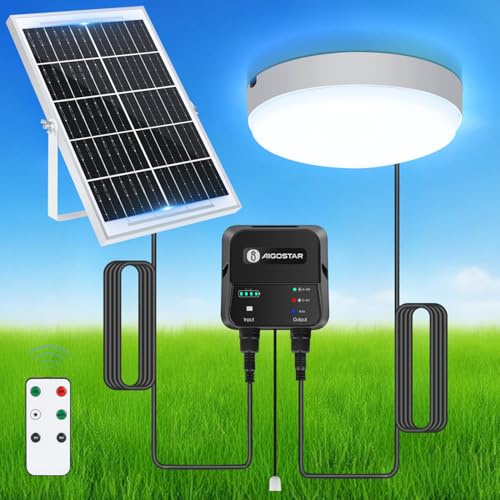 Aigostar Plafoniera LED Solare Esterno Interni con Telecomando, Scatola di accumulo di energia, 70W, IP65 Impermeabile, Regolabile 6500K, Cavo 8M, Interruttore a Cordino