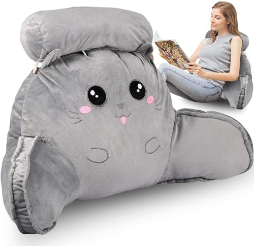 Toaboa Coussin de dossier 70 x 43 cm en peluche, coton PP, coussin de soutien dorsal avec accoudoirs et traversin de nuque, coussin de dossier respirant amovible, coussin de lecture pour lit et canapé