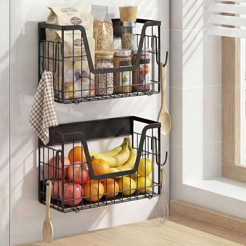 Sosisul Magnetischer Kühlschrank-Organizer 2er Set ohne Bohren, faltbares Gewürzregal & Obstkorb für die Küche, Etagere zur Gemüseaufbewahrung aus Metall, Waschmaschinen-Regal, Fruit Basket, Schwarz