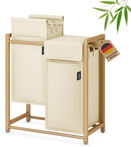 XMHome Wäschekorb 99L mit 2x49L Fächern Bambus Wäschesammler mit Deckel | Wäschesortierer mit herausnehmbaren Taschen,rechteckige Wäschebox für Schlafzimmer, Bad & Waschküche Beige