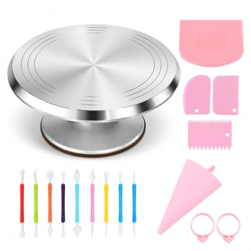 12 Inch Detachable All Aluminum Cake Turntable Set, Reusable Pink Silicone Piping Bag, PE Plastic Dough Scraper, Pink Icing Smoother Kit 9 Pcs Double Head Cake Modelling Tools for Baking Decorating