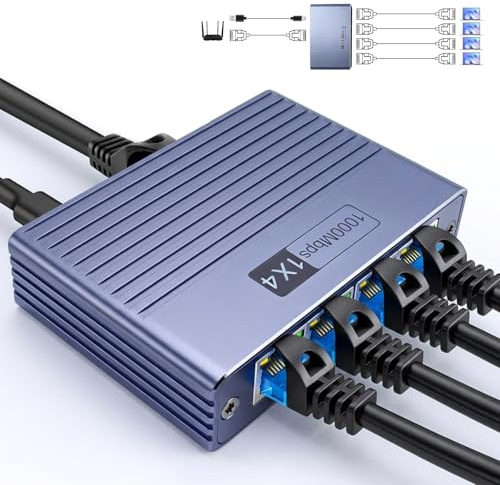 ZWQO LAN Switch 1 auf 4, 1000Mbps Aluminium Ethernet Splitter 4 Port | LAN Verteiler mit USB-C Netzkabel, Netzwerk Switch RJ45 für Computer, Router, Set-Top Box, ADSL, Digital TV - Lila