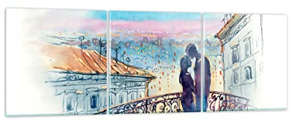 Moderne Impression sur Verre 120x40cm Image Tableau en Verre Decoration Murale Couple Amour Ville Pont Grand Tableaux Decoratifs Muraux Chambre Triptyque 3 parties Deco Cadre Salon Art GCA120x40-2998