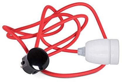 5m Textilkabel Pendellampe ROT | Textilkabel mit Fassung & Schuko-Stecker | E27 Porzellan, Zugentlastung: Kunststoff