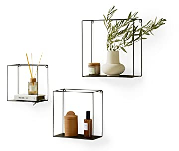 LIFA LIVING 3er Set Wandregal im Industrie Design, Schweberegal aus schwarzem Metall, Elegantes Deko Regal Quadrat für Bücher und Küche, Belastbarkeit 3 kg