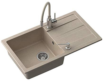 VBChome Spülbecken mit Armatur 77 x 44 cm Beige Granit Einzelbecken Einbauspüle Abtroffläche gesprenkelt reversibel Verbundspüle + Siphon Spülmittelspender Armatur