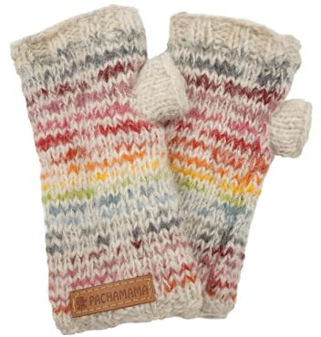 Pachamama Women Wool Hand Wrist Warmers Fleece Lined Handknitted Random Stripe Multicoloured One-Size Handmade Extra Warm Fair Trade