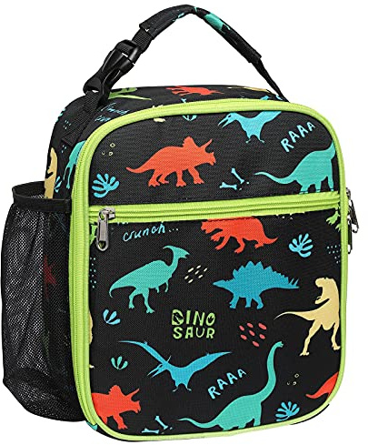 Bagseri Lunch Bag for Kids, Insulated Lunch Bag for Boys, Portable Lunch Cooler Bag for School, with Bottle Holder, Water-Resistant Lining, Black Dinosaur