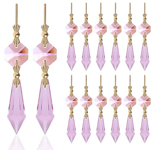 20pcs Pink Crystals Prisms Glass Tip Beads Replacement Chandelier Icicle Drop Pendants Octagon Crystal Beads Gold Pins Connectors for Lamp Decoration Christmas Ornament
