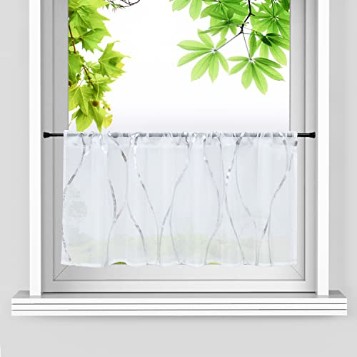 HeichkelL Scheibengardine für Küche Kurzstores Gardinen Modern Bistrogardine Tunnelzug Transparent Silberner Wellendruck Glänzend BxH 120x30 cm