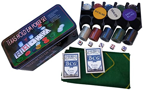 Rock and Baby Poker/Blackjack-spel i metalllåda - 2 kortlekar, 200 chips, tärningar, dealerkort, liten blind, stor blind, spelmatta