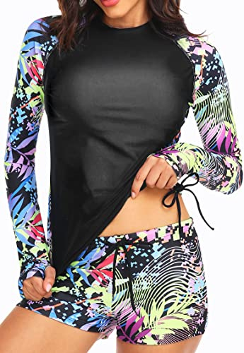 UNIQUEBELLA Rash Guard - Camiseta de natación para mujer, protección UV, UPF 50+, manga larga, con bonitos patrones, traje de baño - Tankini de natación XS-XL Rashguard para mujer, Verde Floral, S