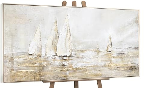 YS-Art Pintura abstracta sobre lienzo al oleo en acrílico Deslumbramiento solar Paisaje marino Colores claros con dorado con marco 140x70 cm
