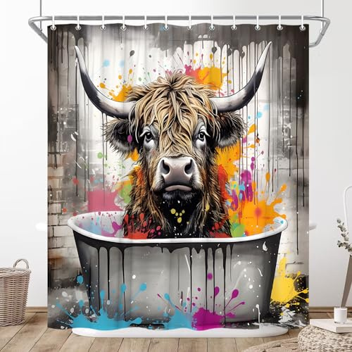 XHCEOH Lustiger Kuh Duschvorhang Bauernhaus Tiere Longhorn Rinder Niedliche Wildtiere Gelber Stier Abstrakt Bunt Graffiti Modern Dekor Stoff mit Haken, 178 B x 178 cm H Zoll