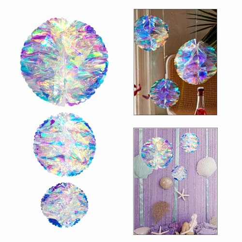 ZYOOO 3pcs Iridescent Honeycomb Balls,Shiny Rainbow Foil Ceiling Hanging Flowers for Wedding,Birthday,Theme Party Decoration(15cm,20cm,25cm)