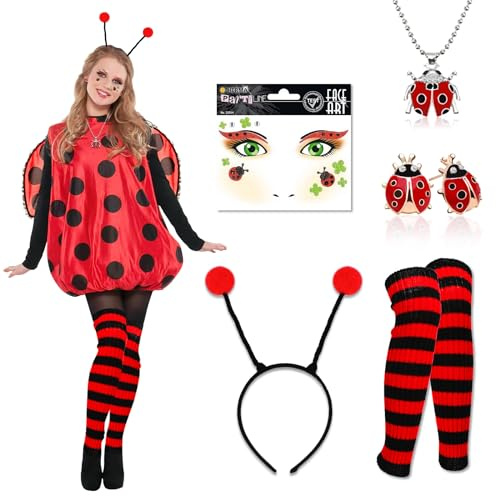 DPKOW Serre-tête Coccinelle avec Pompon Noir Rouge Chauffe-Jambes Visage Tatouage Coccinelle Clous d'oreille Collier pour Noël Accessoires de déguisement de Carnaval