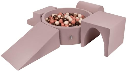 KiddyMoon Spielplatz Aus Schaumstoff Mit Rund Bällebad (200 Bälle) Ballgruben Für Babys Spielbad Hindernisläufen, Erikafarben:Braun/Kupferrot/Pastellbeige/Lachsfarben