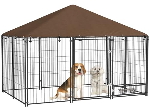 PawHut Perrera con Toldo Parque para Perros Metálica de Exterior con Soporte Giratorio para Comida 2 Cuencos para Patio Jardín Terraza 211x141x151 cm Negro