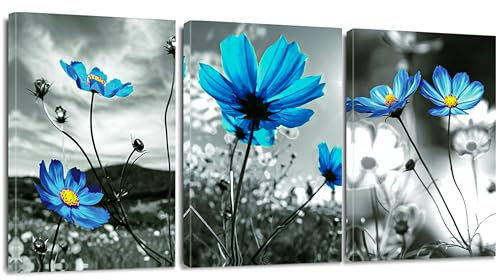 Sungeek 3 Teilig Leinwandbilder mit Holzrahme, Leinwanddruck Bilder 30 x 40 cm, Moderne Wandbilder Kunstdruck Wand Dekoration für Wohnzimmer Schlafzimmer Home Esszimmer Büro (Blaue Blumen)