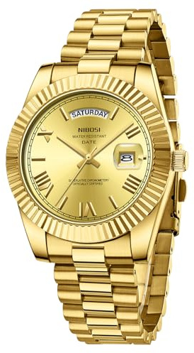 NIBOSI Herrklocka armbandsur män analog kvartsur rostfritt stål klockor för män vattentät affärsliv klassisk klocka med dag och datumvisning, Guld-1, Klassisk