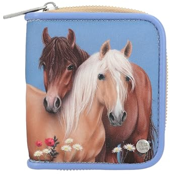 Depesche 13212 Miss Melody - Portemonnaie in Hellblau, mit Pferde Motiv und Blumen, Geldbörse mit Fächern für Münzen, Scheine und Karten