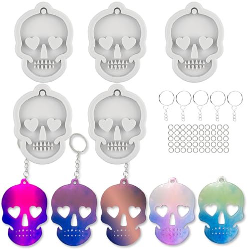 YRIHJIXQ 5Stück Totenkopf Silikonform Epoxidharz Formen Skull Resin Schlüsselanhänger Halloween Gießform