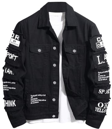 SOLY HUX Men's Denim Jacket Letter Graphic Button Down Flap Pocket Long Sleeve Streetwear Jacket Black Letter Large