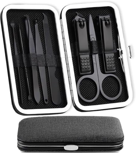 Maniküre Set 8er Nagelpflegeset - Edelstahl Nagelset Mit Ledertasche für Augenbrauenkorrektur und Ohrenschmalz Entfernen - Unisex Schwarz