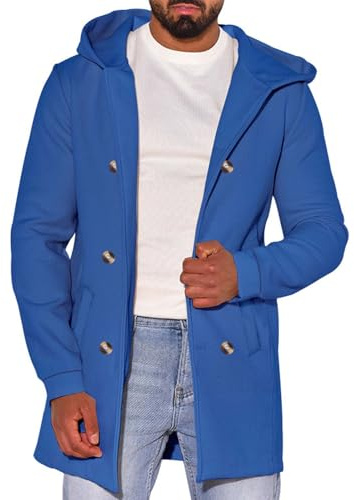 Men's Blue Hooded Duffle Coat, Winter Jacket with Stylish Toggle Buttons, Casual and Warm Wool Blend Overcoat, Classic British-Inspired Design, Durable and Comfortable for Cold Weather