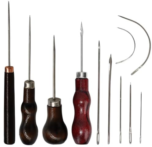 3 Stück Ahle Werkzeug,Prickelnadel Ahle mit Holzgriff,DIY Lederhandwerk Vorstecher,Locher Ahle Werkzeug mit ösenbohrkegel und Nähnadel,zum Nähen Oder Reparieren von Canvas Papier Leder Stoff