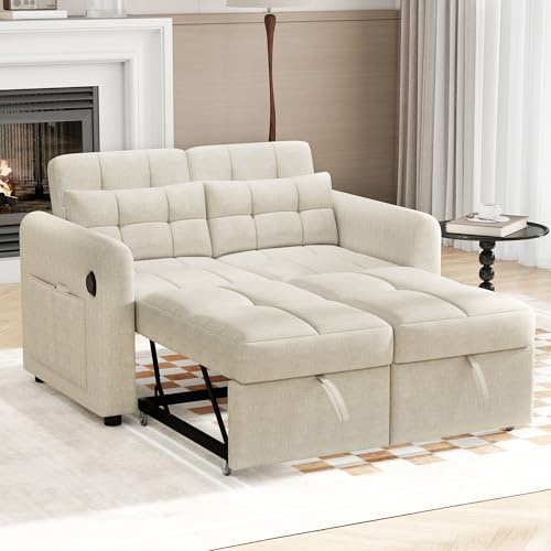 DRIXNO Loveseat-Sofa, 3-in-1-Ausziehsofa mit Verstellbarer Rückenlehne, USB, Armlehnentaschen und Kissen. Geeignet für Wohnzimmer, Schlafzimmer, Wohnung Usw.，Beige
