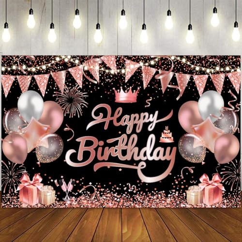 Happy Birthday Banner Geburtstag Dekoration Schwarz Roségold, Banner Geburtstag Hängende Dekoration, GeburtstagDeko für Mädchen&Frauen (Happy)