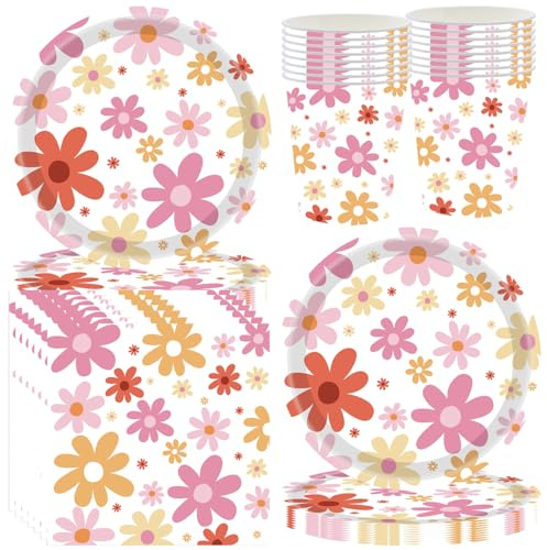 JAHEMU Marguerite Vaisselle de Fête Fille Anniversaire Décoration Bohême Fleur Vaisselle Jetable Set Marguerite Fournitures de Fête Anniversaire Boho Assiettes Gobelets Serviettes 16 Invités