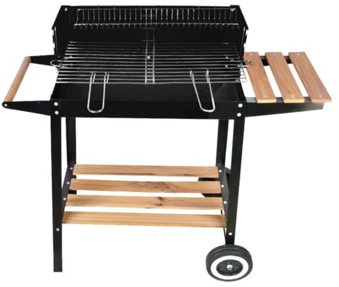 Barbecue Empotec Esterno Mensola in Legno, Griglia Acciaio, Antivento Ripiano Inferiore Comoda Maniglia Ruote Pratico Comodo Facile da Usare Cottura 4 Livelli Grill Carbonella 41P x 86,5L x 81H cm