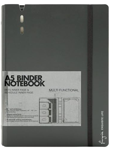 CAGIE Ringbuch A5 Nachfüllbar 6 Ringe Ringbuch ordner mit Tasche | Notizbuch Ordner Tagebuch Ringbuch Reisetagebuch Notizblock für Schule Reisearbeit und Organizer, 6.89 x 9.25 In, Grau
