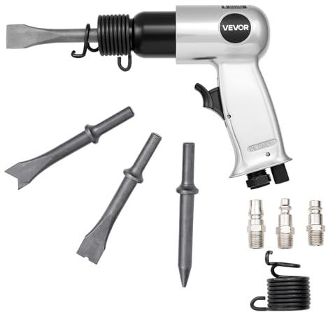 VEVOR Marteau Pneumatique, 4500 bpm, Burineur Pneumatique Compact, Longueur de Course 4 cm, avec 4 Burins 12 cm, pour Couper le Métal, Démolir les Murs en Béton, Ciseler les Sols, Dévisser les Boulons