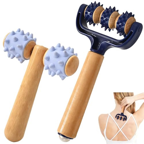 2 Stück Massageroller Holz mit Igelball, Massage Roller Selbstmassagerolle mit Griff, Massagegerät Beine Arme Rücken Schultern Muskelschmerzen (Blau)