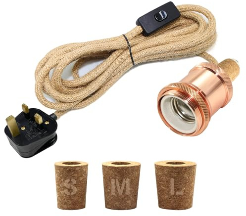 Bottle Lamp Kit, E27 Ceramic Bulb Holder, 240CM Hemp Rope Cable, Lamp Kits Do It Yourself UK, Bottle Light Kit, Including 3 Sizes of Stoppers, DIY Table Light Fitting for Indoor, Rose Gold