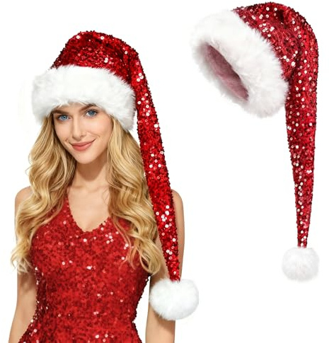 TAGVO Lang Weihnachtsmütze Nikolausmütze Damen Herren Plüsche Weihnachtsmann Mütze mit Glitzer Pailletten Perfekt für Weihnachtsfeiern Und Heiligabend
