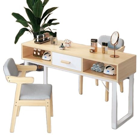 Estación de Mesa de manicura Clavo Doble Profesional Moderno con cajones 2 Compartimentos de Almacenamiento Abiertos Obra de Arte de uñas de Madera (100X40X78Cm)