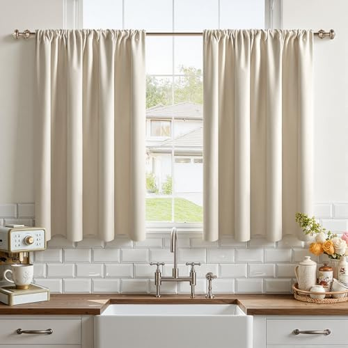 CUTEWIND Scheibengardinen Modern Blickdicht für Küche Bistrogardine 2er Set Beige H 90 x B 60 cm, Scheibengardine mit Stangendurchzug Küchengardinen Küchenfenster für Wohnmobil Kleine Fenster