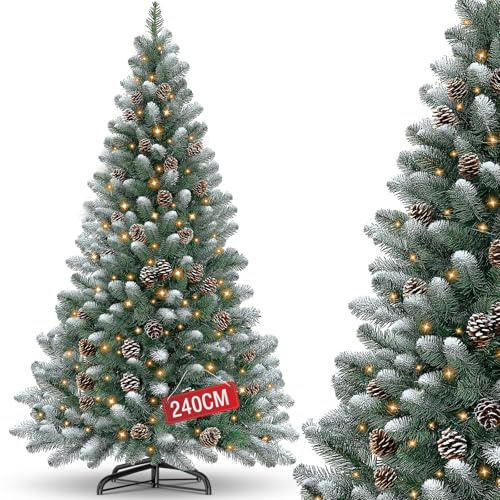 Árbol de Navidad artificial de PVC de 240 cm, árbol de Navidad con luces LED, manzana de pino, nevado, decoración de Navidad, árbol de Navidad artificial con soporte metálico, fácil de montar, difícil